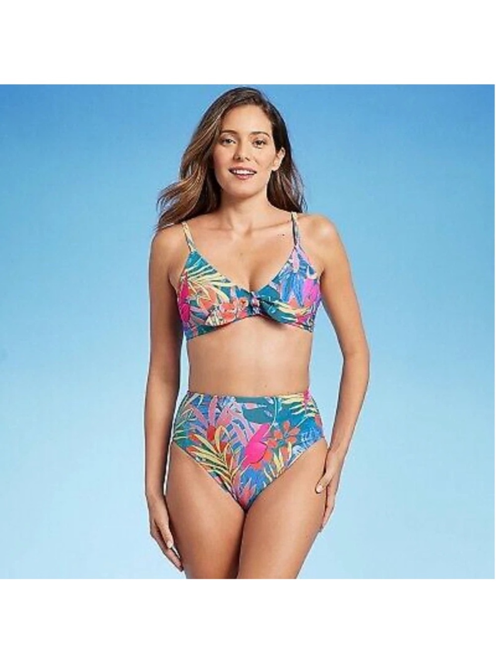 Floral High-Waist Bikini Set in Teal and Pink Bathing Suit Bottom L Top XL